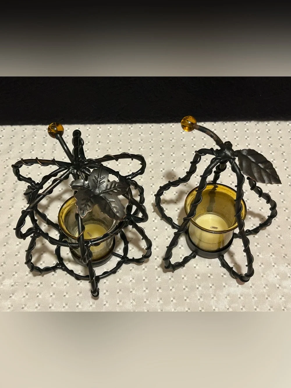 SET of 4 Black Wrought Iron Tea Light/Votive Candleholders  2 Acorns 2 Pears